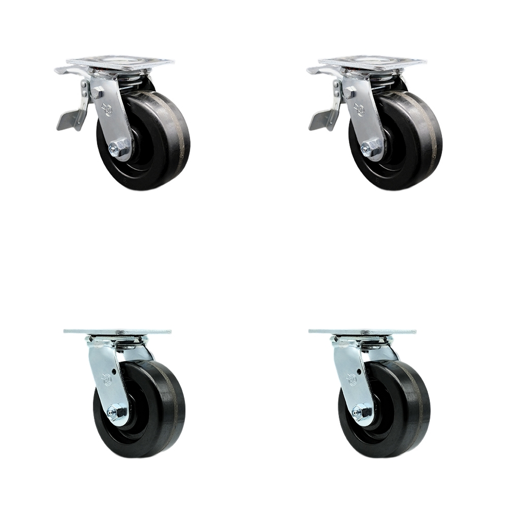 Phenolic Swivel Top Plate Casters Set of 4 Heavy Duty with 5 Inch Wheels - Includes 2 Swivel with Total Lock Brakes and 2 Swivel – 4,000 lbs. Total Capacity - Service Caster Brand — photo 1