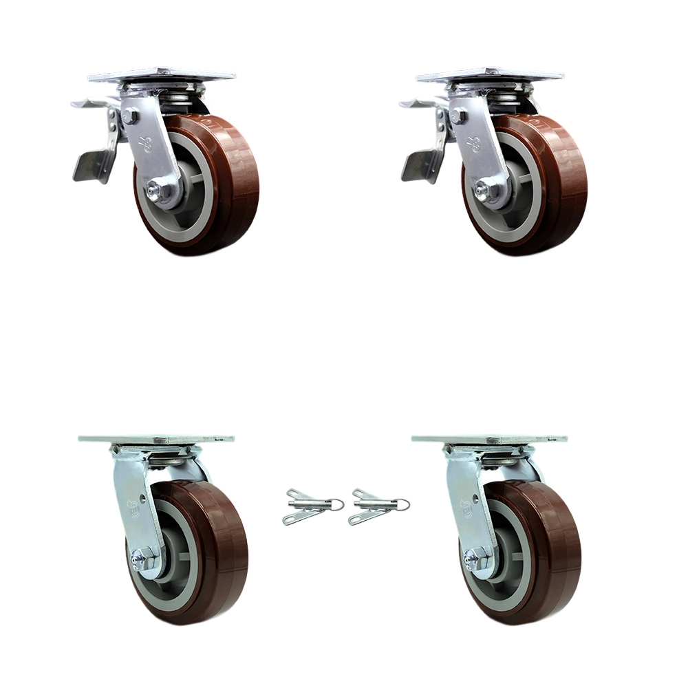 Heavy Duty Swivel Caster Set of 4 with 5 Inch Polyurethane Wheels and Ball Bearings - Includes 2 Swivel with Total Lock Brakes and 2 Swivel with Bolt on Swivel Locks - Service Caster Brand — photo 1