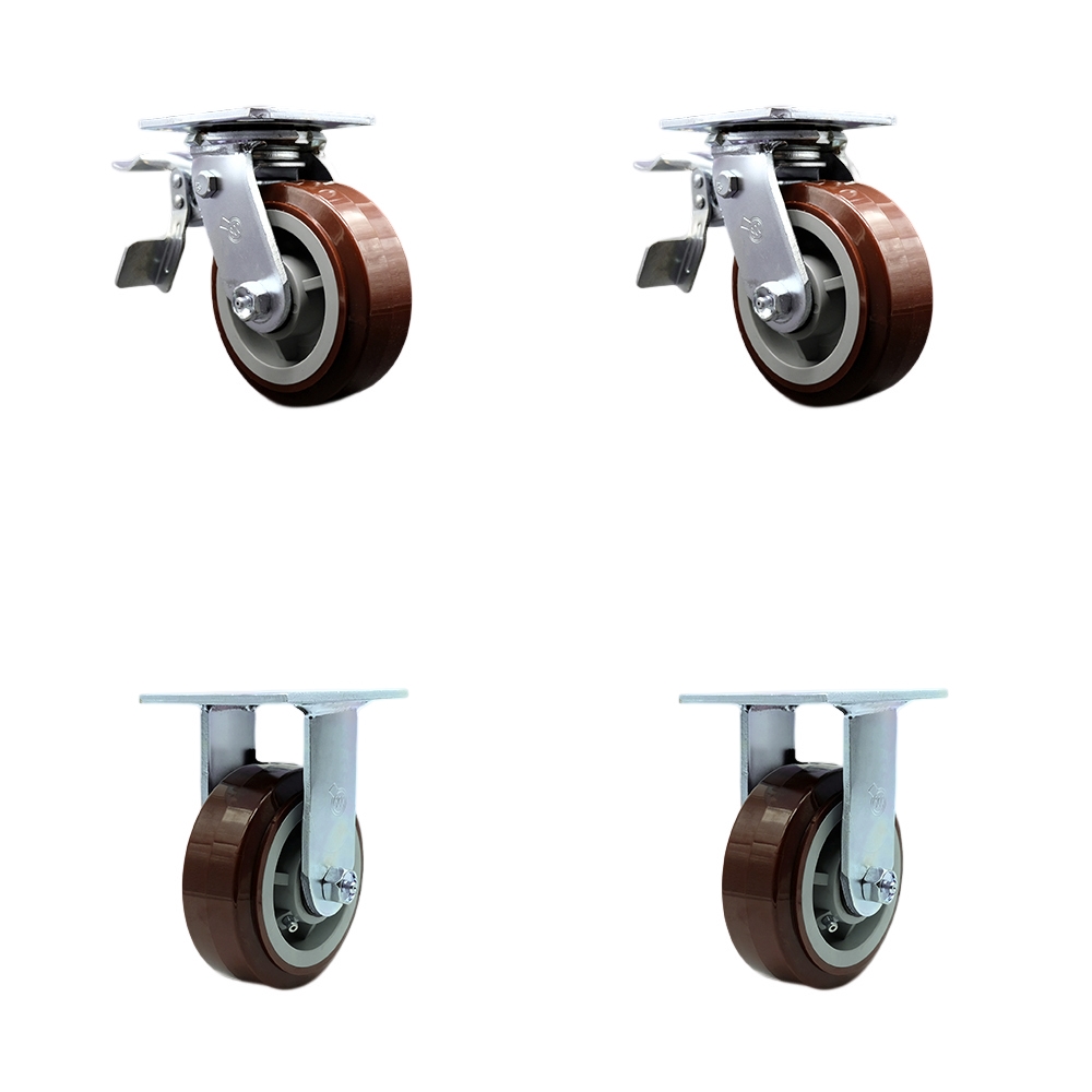 Heavy Duty Swivel Caster Set of 4 with 5 Inch Polyurethane Wheels and Ball Bearings - Includes 2 Swivel with Total Lock Brakes and 2 Rigid – 3,000 lbs. Total Capacity - Service Caster Brand — photo 1