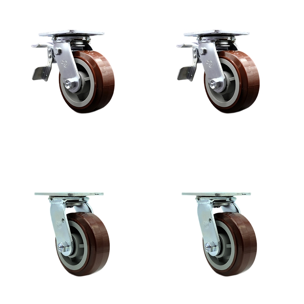 Heavy Duty Swivel Caster Set of 4 with 5 Inch Polyurethane Wheels and Ball Bearings - Includes 2 Swivel with Total Lock Brakes and 2 Swivel – 3,000 lbs. Total Capacity - Service Caster Brand — photo 1