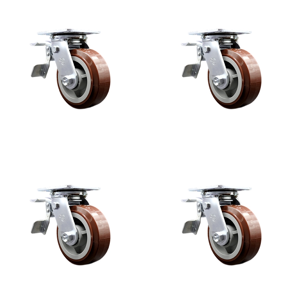 Polyurethane Swivel Top Plate Casters Set of 4 Heavy Duty with 5 Inch Wheels - Includes 4 Swivel with Total Lock Brakes – 3,000 lbs. Total Capacity - Service Caster Brand — photo 1