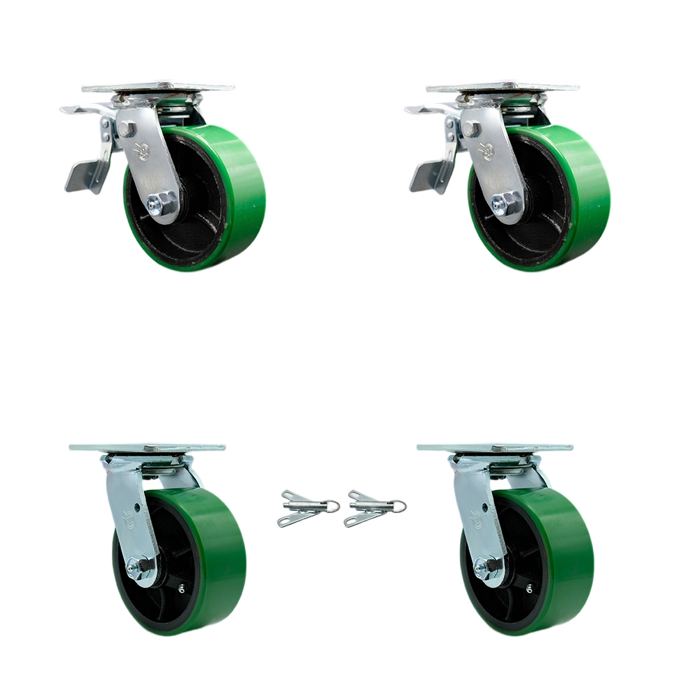 Polyurethane on Cast Iron Swivel Top Plate Casters Set of 4 Heavy Duty with 5 Inch Green Wheels - Includes 2 Swivel with Bolt on Swivel Locks and 2 Swivel with Total Lock Brakes - Service Caster Brand — photo 1