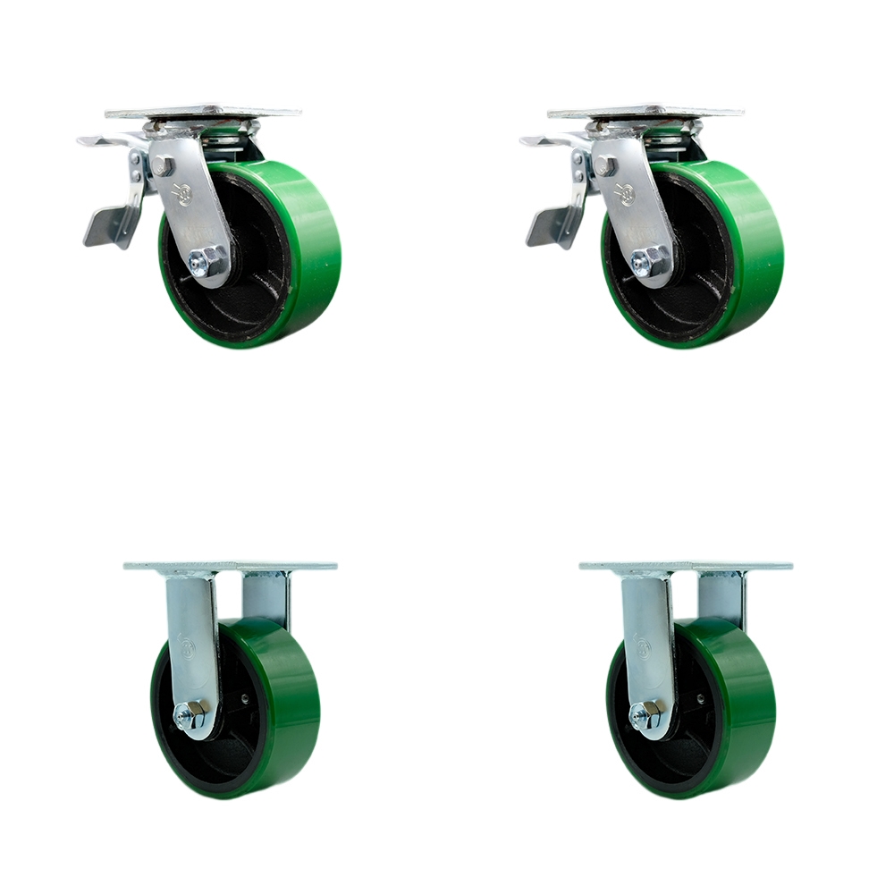 Polyurethane on Cast Iron Swivel Top Plate Casters Set of 4 Heavy Duty with 5 Inch Green Wheels - Includes 2 Swivel with Total Lock Brakes and 2 Rigid – 4,000 lbs. Total Capacity- Service Caster Brand — photo 1