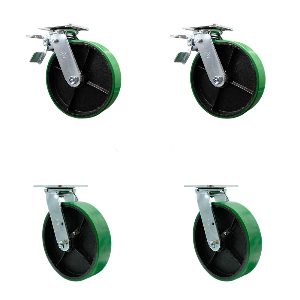 Heavy Duty Swivel Caster Set with 6 Inch Green Polyurethane on Cast Iron Wheels and Ball Bearings-Includes 2 Swivel with Total Lock Brakes and 2 Swivel-4,800 lbs. Total Capacity - Service Caster Brand — photo 1