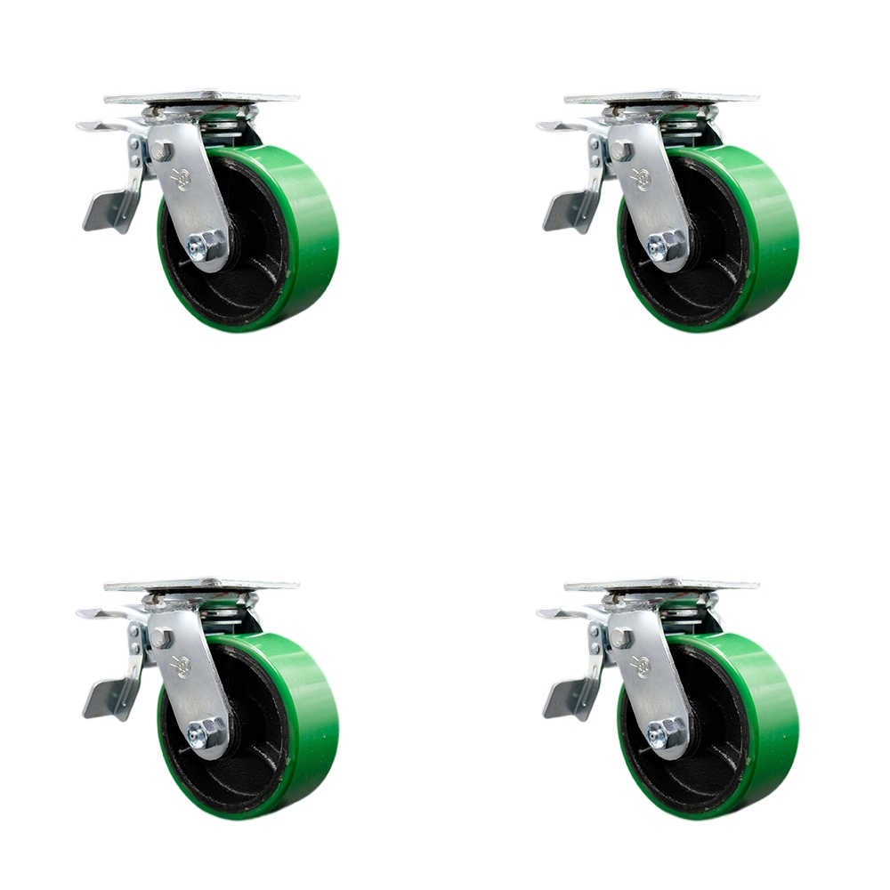 Polyurethane on Cast Iron Swivel Top Plate Casters Set of 4 Heavy Duty with 5 Inch Green Wheels - Includes 4 Swivel with Total Lock Brakes – 4,000 lbs. Total Capacity - Service Caster Brand — photo 1