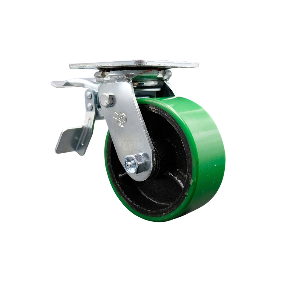 Polyurethane on Cast Iron Swivel Top Plate Heavy Duty Caster with 5 Inch Green Wheel and Total Lock Brake – 1,000 lbs. Capacity/Caster - Service Caster Brand — photo 1
