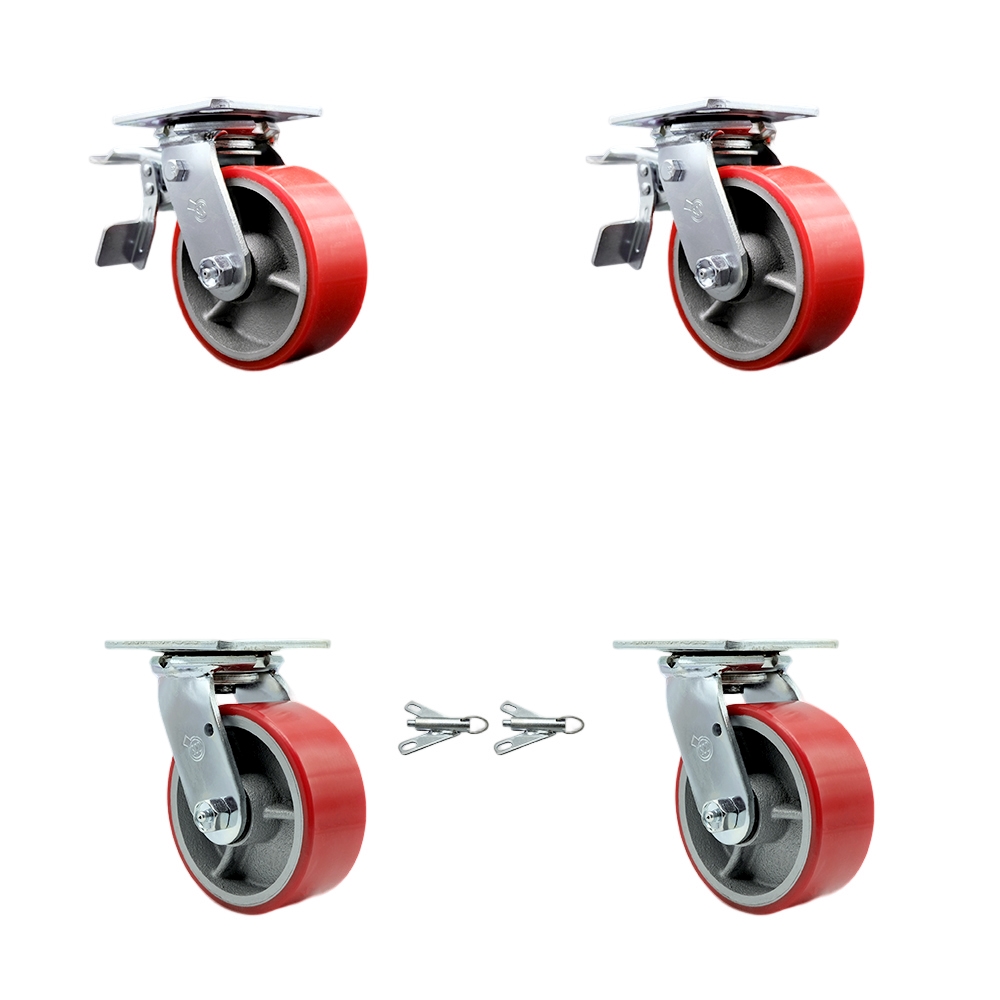 Heavy Duty Swivel Caster Set with 5 Inch Red Polyurethane on Cast Iron Wheels and Ball Bearings-Includes 2 Swivel with Total Lock Brakes and 2 Swivel with Bolt on Swivel Locks - Service Caster Brand — photo 1