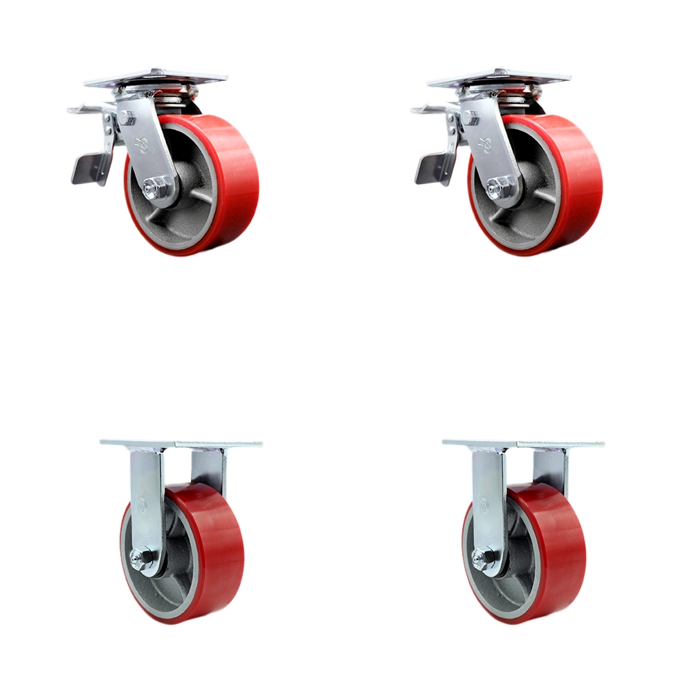 Polyurethane on Cast Iron Swivel Top Plate Casters Set of 4 Heavy Duty with 5 Inch Red Wheels - Includes 2 Swivel with Total Lock Brakes and 2 Rigid – 4,000 lbs. Total Capacity- Service Caster Brand — photo 1