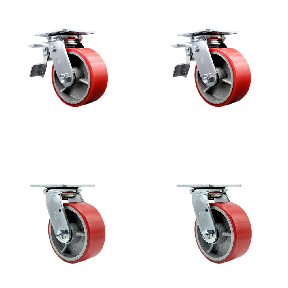 Heavy Duty Swivel Caster Set with 5 Inch Red Polyurethane on Cast Iron Wheels and Ball Bearings-Includes 2 Swivel with Total Lock Brakes and 2 Swivel-4,000 lbs. Total Capacity - Service Caster Brand — photo 1
