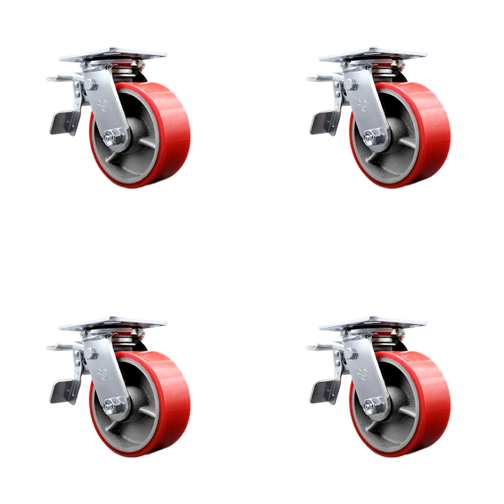 Polyurethane on Cast Iron Swivel Top Plate Casters Set of 4 Heavy Duty with 5 Inch Red Wheels - Includes 4 Swivel with Total Lock Brakes – 4,000 lbs. Total Capacity - Service Caster Brand — photo 1