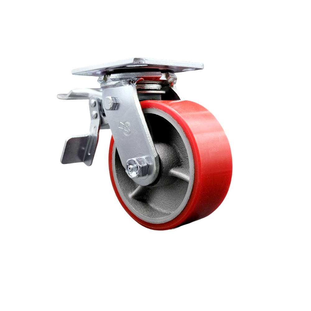 Heavy Duty Swivel Top Plate Caster with Total Lock Brake and 5 Inch Red Polyurethane on Cast Iron Wheel with Ball Bearings - 1,000 lbs. Capacity/Caster - Service Caster Brand — photo 1