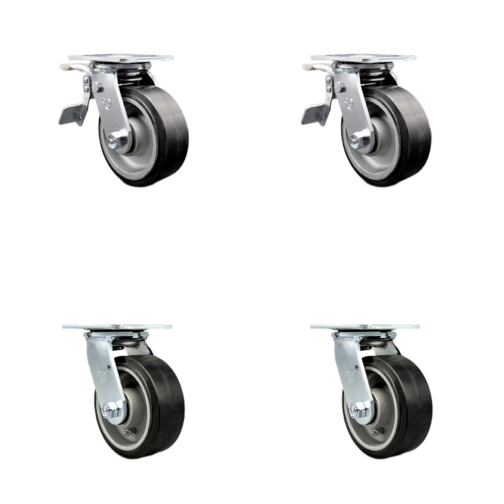 Rubber on Aluminum Swivel Top Plate Casters Set of 4 Heavy Duty with 5 Inch Wheels - Includes 2 Swivel with Bolt on Swivel Locks and 2 Swivel with Total Lock Brakes - Service Caster Brand — photo 1