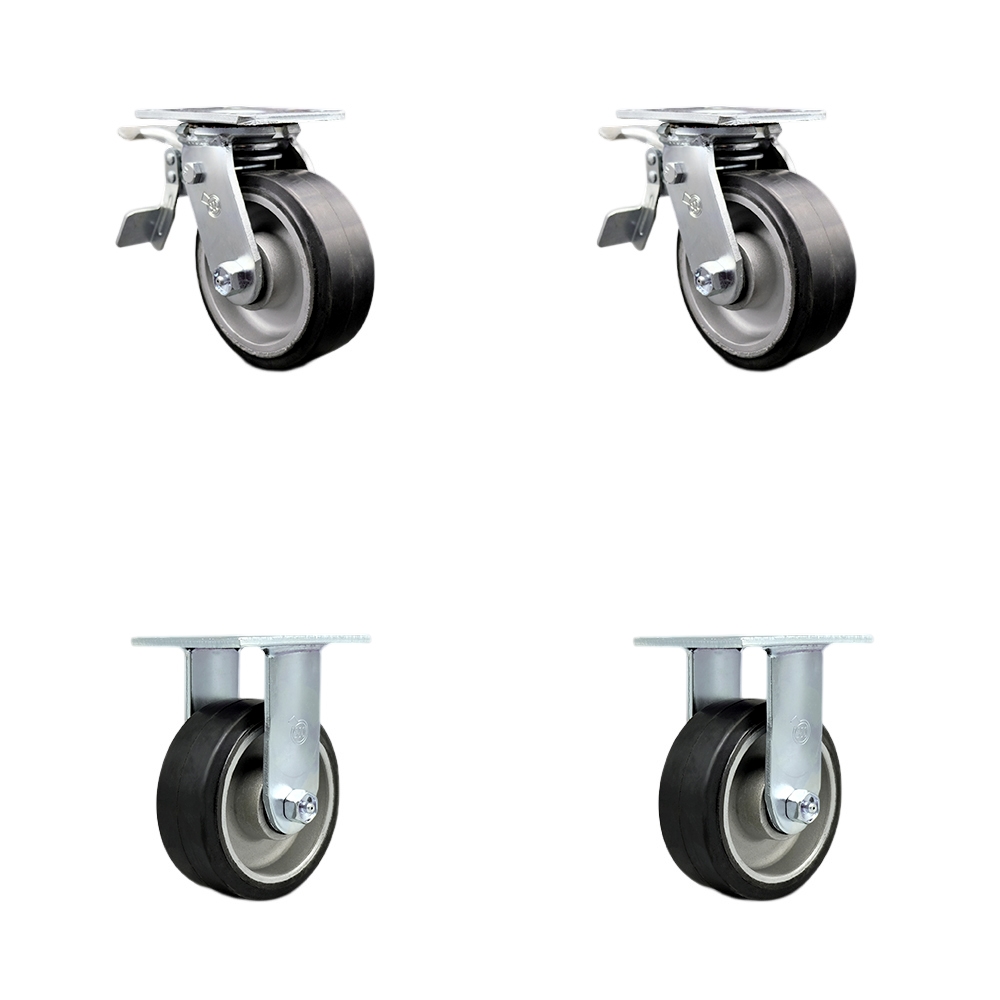 Rubber on Aluminum Swivel Top Plate Casters Set of 4 Heavy Duty with 5 Inch Wheels - Includes 2 Swivel with Total Lock Brakes and 2 Rigid – 2,000 lbs. Total Capacity - Service Caster Brand — photo 1