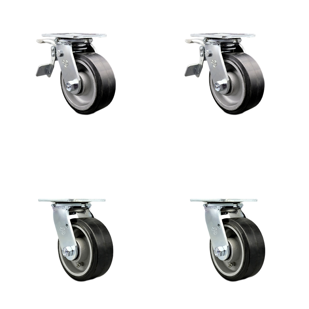 Rubber on Aluminum Swivel Top Plate Casters Set of 4 Heavy Duty with 5 Inch Wheels - Includes 2 Swivel with Total Lock Brakes and 2 Swivel – 2,000 lbs. Total Capacity - Service Caster Brand — photo 1