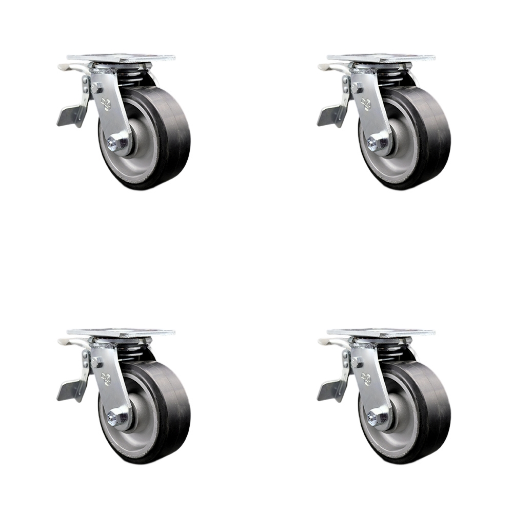 Rubber on Aluminum Swivel Top Plate Casters Set of 4 Heavy Duty with 5 Inch Wheels - Includes 4 Swivel with Total Lock Brakes – 2,000 lbs. Total Capacity - Service Caster Brand — photo 1