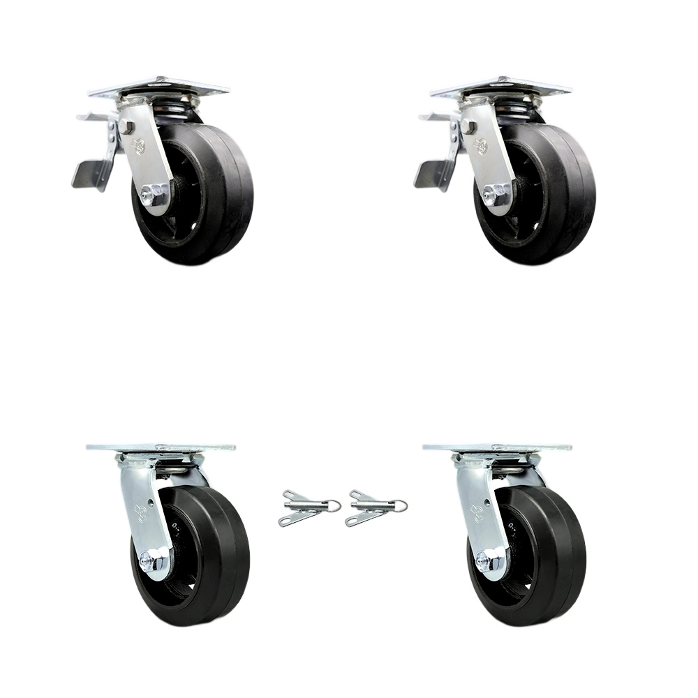 Rubber on Metal Swivel Top Plate Casters Set of 4 Heavy Duty with 5 Inch Wheels - Includes 2 Swivel with Bolt on Swivel Locks and 2 Swivel with Total Lock Brakes - Service Caster Brand — photo 1