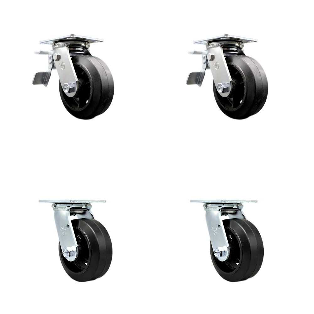 Rubber on Metal Swivel Top Plate Casters Set of 4 Heavy Duty with 5 Inch Wheels - Includes 2 Swivel with Total Lock Brakes and 2 Swivel – 1,600 lbs. Total Capacity - Service Caster Brand — photo 1