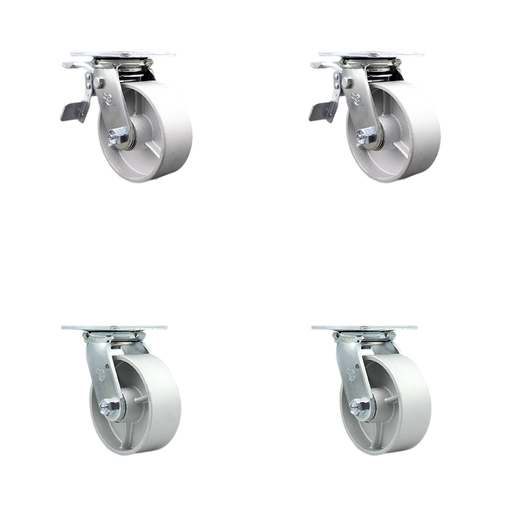 Semi Steel Cast Iron Swivel Top Plate Casters Set of 4 Heavy Duty with 5 Inch Wheels - Includes 2 Swivel with Total Lock Brakes and 2 Swivel – 4,000 lbs. Total Capacity - Service Caster Brand — photo 1