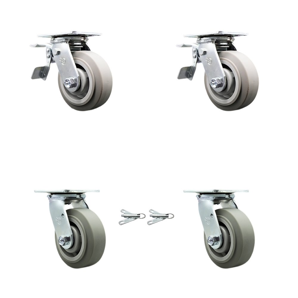 Heavy Duty Swivel Caster Set of 4 with 5 Inch Thermoplastic Flat Tread Wheels and Ball Bearings -Includes 2 Swivel with Total Lock Brakes and 2 Swivel with Bolt on Swivel Locks - Service Caster Brand — photo 1