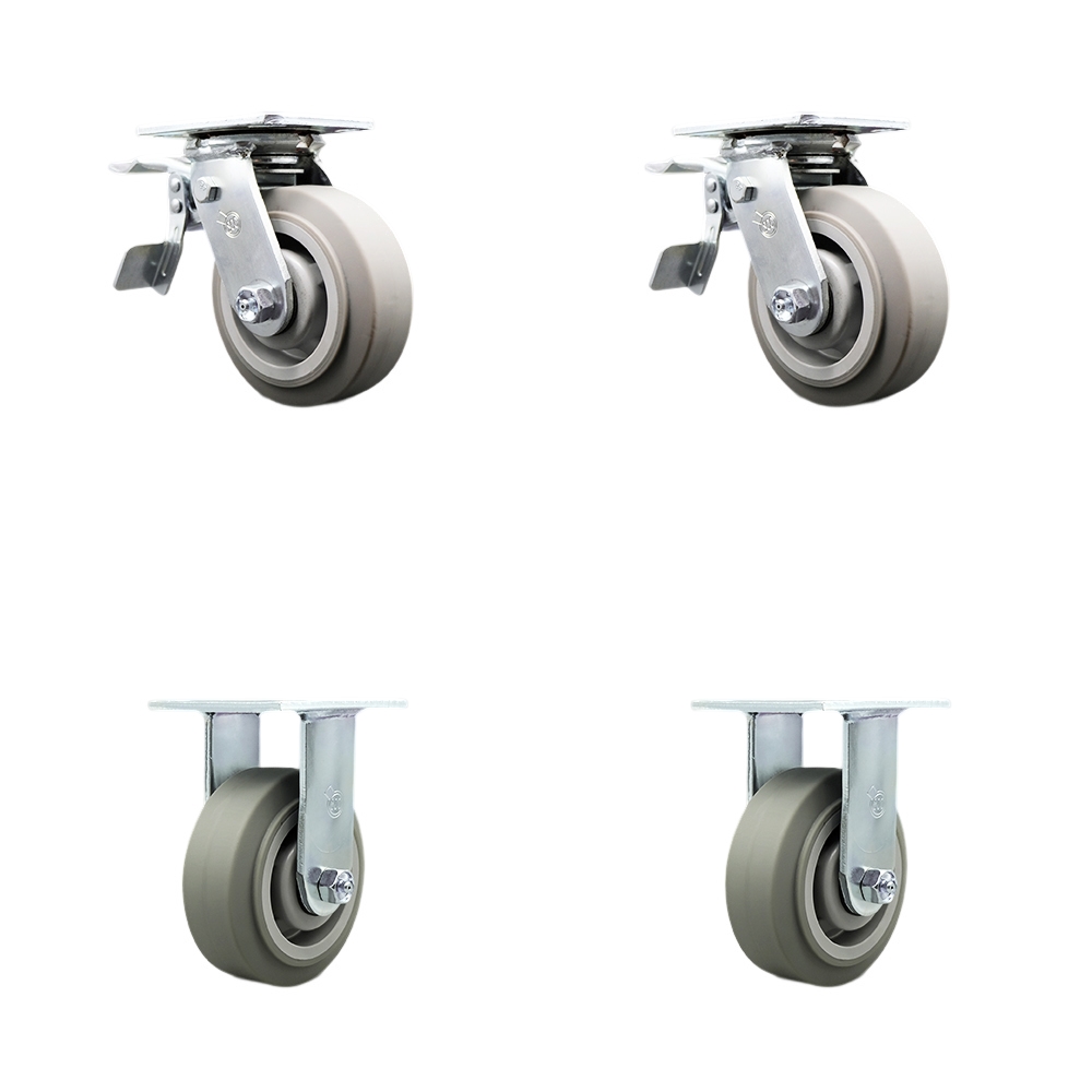 Thermoplastic Rubber Flat Tread Swivel Top Plate Casters Set of 4 Heavy Duty with 5 Inch Wheels - Includes 2 Swivel with Total Lock Brakes and 2 Rigid– 1,400 lbs. Total Capacity - Service Caster Brand — photo 1