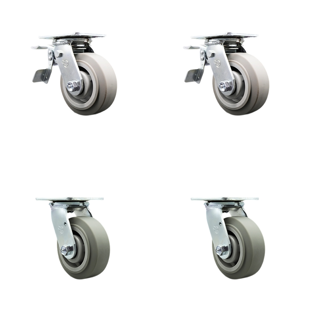 Heavy Duty Swivel Caster Set of 4 with 5 Inch Thermoplastic Rubber Flat Tread Wheels and Ball Bearings - Includes 2 Swivel with Total Lock Brakes and 2 Swivel - Service Caster Brand — photo 1