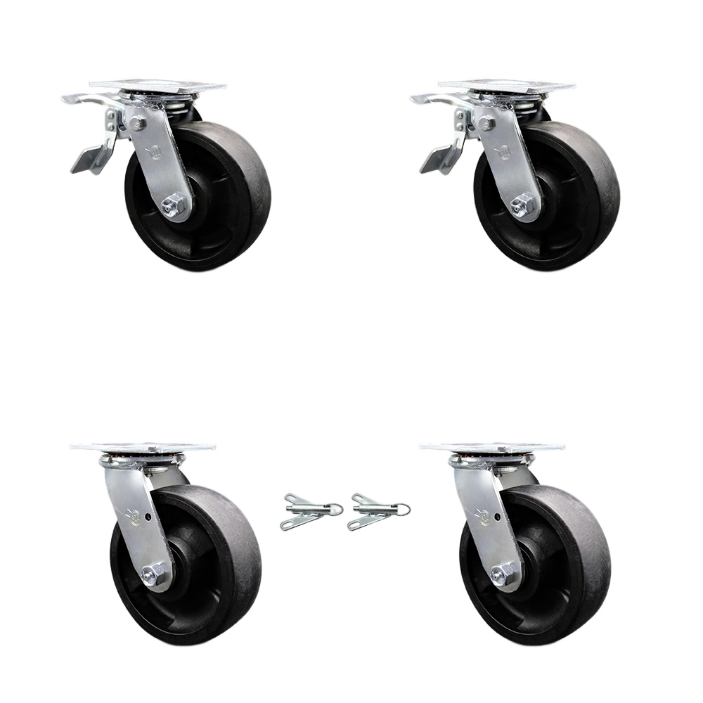 Heavy Duty Swivel Caster Set with 6 Inch High Temp Glass Filled Nylon Wheels and Ball Bearings - Includes 2 Swivel with Total Lock Brakes and 2 Swivel with Bolt on Swivel Locks - Service Caster Brand — photo 1