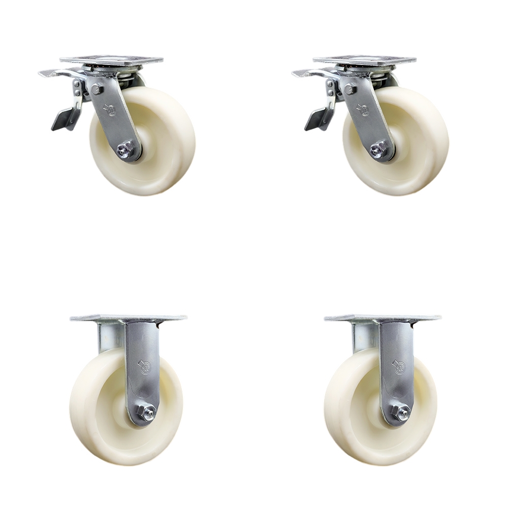 Heavy Duty Swivel Caster Set of 4 with 6 Inch Nylon Wheels and Ball Bearings - Includes 2 Swivel with Total Lock Brakes and 2 Rigid – 5,000 lbs. Total Capacity - Service Caster Brand — photo 1