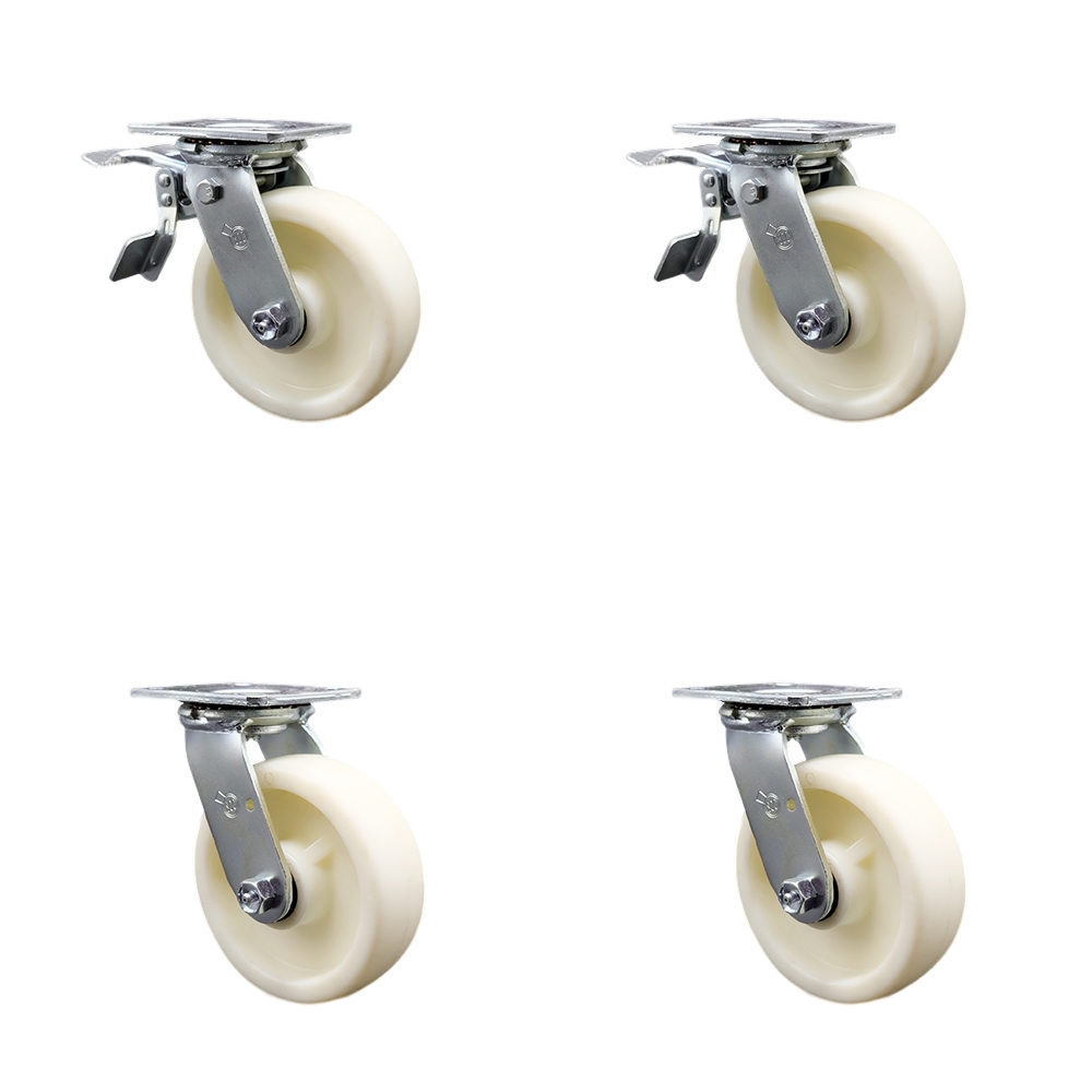 Nylon Swivel Top Plate Casters Set of 4 Heavy Duty with 6 Inch Wheels - Includes 2 Swivel with Total Lock Brakes and 2 Swivel – 5,000 lbs. Total Capacity - Service Caster Brand — photo 1