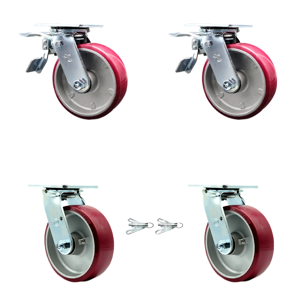 Polyurethane on Aluminum Swivel Top Plate Casters Set of 4 Heavy Duty with 6 Inch Wheels - Includes 2 Swivel with Bolt on Swivel Locks and 2 Swivel with Total Lock Brakes - Service Caster Brand — photo 1