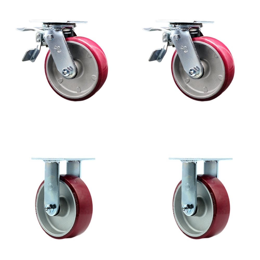 Polyurethane on Aluminum Swivel Top Plate Casters Set of 4 Heavy Duty with 6 Inch Wheels - Includes 2 Swivel with Total Lock Brakes and 2 Rigid – 4,800 lbs. Total Capacity - Service Caster Brand — photo 1