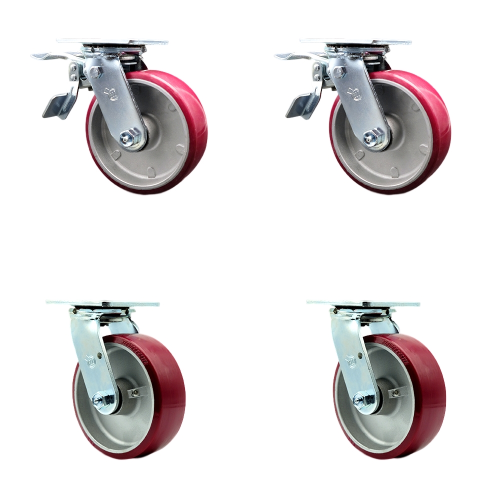 Heavy Duty Swivel Caster Set of 4 with 6 Inch Polyurethane on Aluminum Wheels and Ball Bearings - Includes 2 Swivel with Total Lock Brakes and 2 Swivel–4,800 lbs. Total Capacity - Service Caster Brand — photo 1