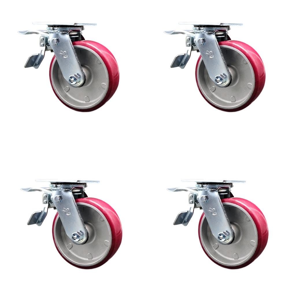 Polyurethane on Aluminum Swivel Top Plate Casters Set of 4 Heavy Duty with 6 Inch Wheels - Includes 4 Swivel with Total Lock Brakes – 4,800 lbs. Total Capacity - Service Caster Brand — photo 1