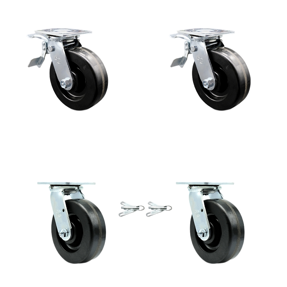 Phenolic Swivel Top Plate Casters Set of 4 Heavy Duty with 6 Inch Wheels - Includes 2 Swivel with Bolt on Swivel Locks and 2 Swivel with Total Lock Brakes - Service Caster Brand — photo 1