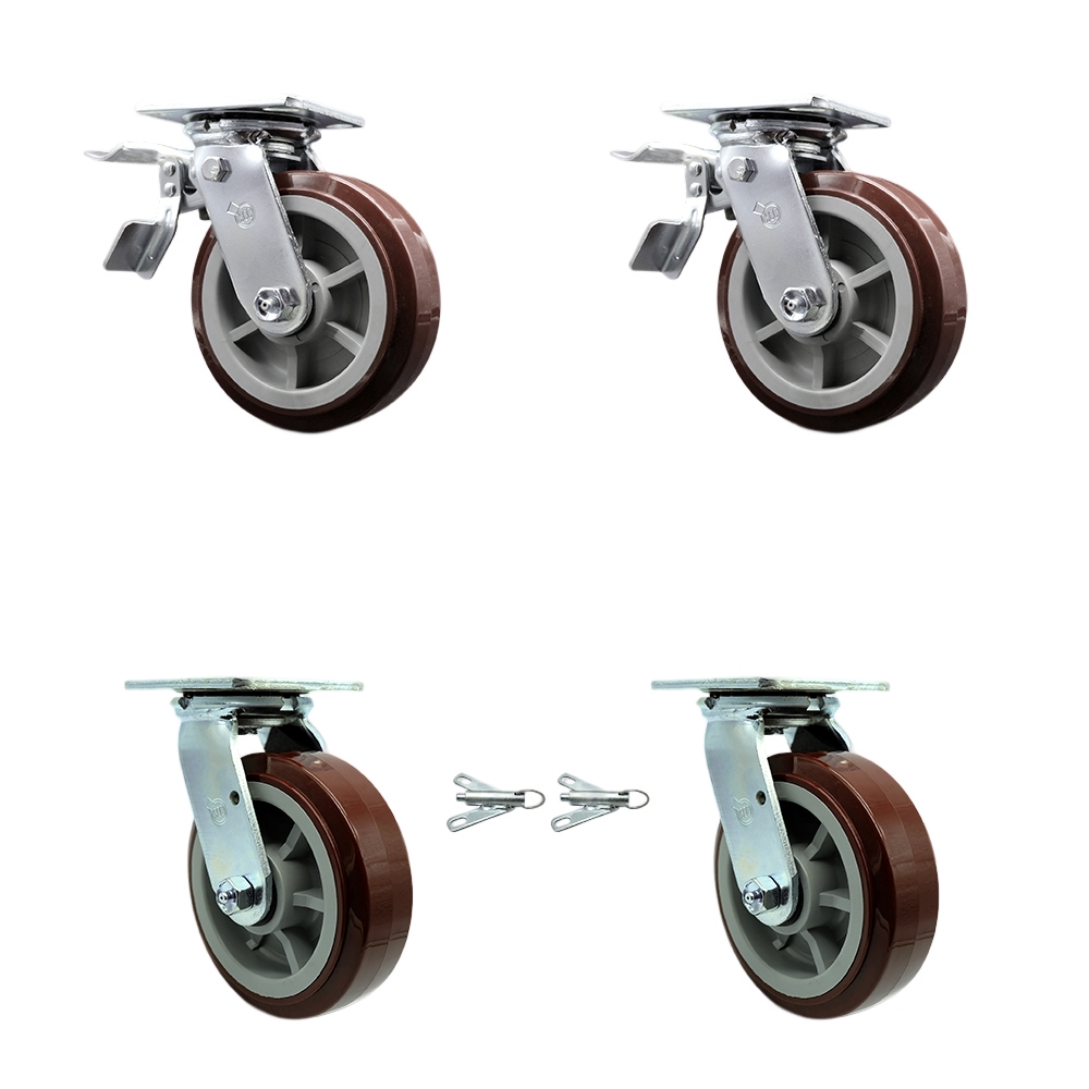 Polyurethane Swivel Top Plate Casters Set of 4 Heavy Duty with 6 Inch Wheels - Includes 2 Swivel with Bolt on Swivel Locks and 2 Swivel with Total Lock Brakes - Service Caster Brand — photo 1