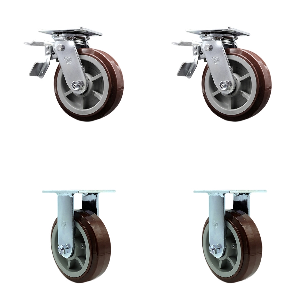 Polyurethane Swivel Top Plate Casters Set of 4 Heavy Duty with 6 Inch Wheels - Includes 2 Swivel with Total Lock Brakes and 2 Rigid – 3,600 lbs. Total Capacity - Service Caster Brand — photo 1