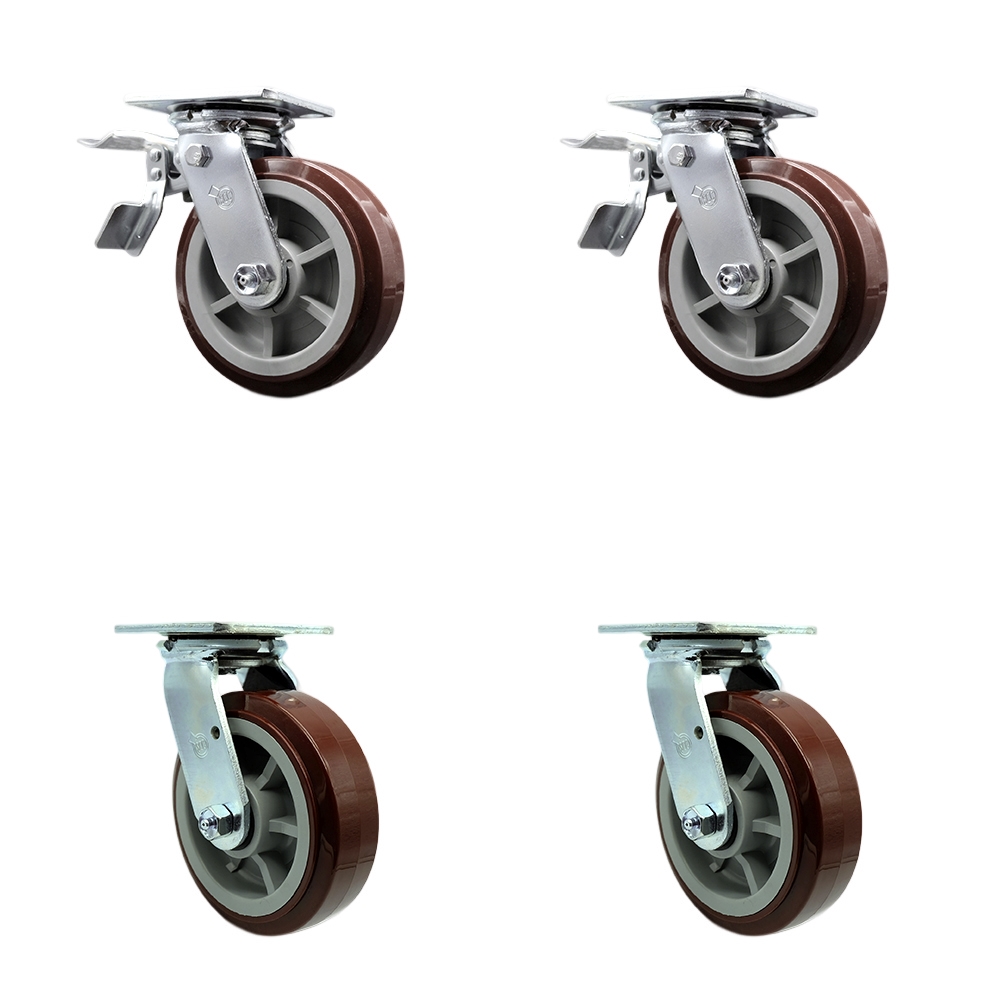 Polyurethane Swivel Top Plate Casters Set of 4 Heavy Duty with 6 Inch Wheels - Includes 2 Swivel with Total Lock Brakes and 2 Swivel – 3,600 lbs. Total Capacity - Service Caster Brand — photo 1