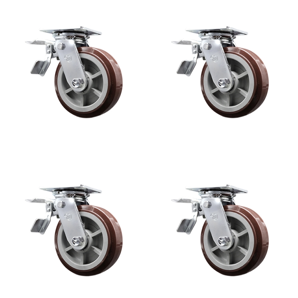 Polyurethane Swivel Top Plate Casters Set of 4 Heavy Duty with 6 Inch Wheels - Includes 4 Swivel with Total Lock Brakes – 3,600 lbs. Total Capacity - Service Caster Brand — photo 1