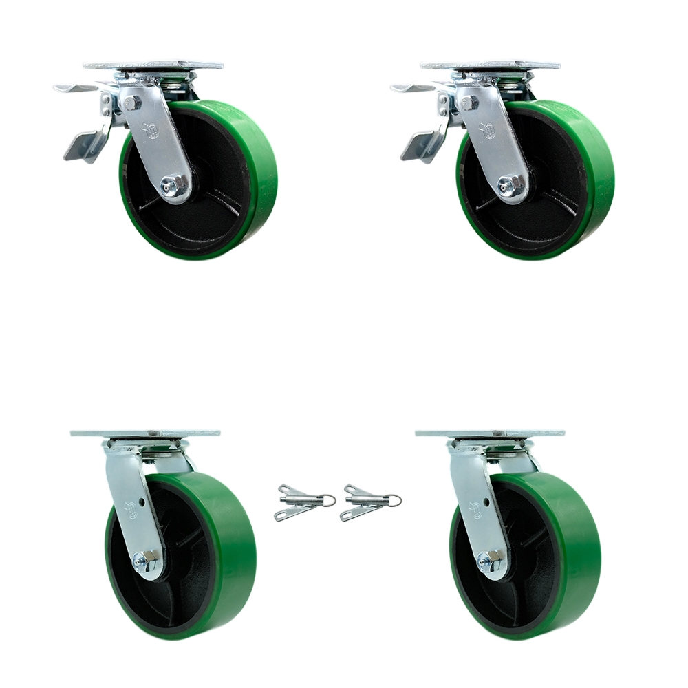 Heavy Duty Swivel Caster Set with 6 Inch Green Polyurethane on Cast Iron Wheels and Ball Bearings-Includes 2 Swivel with Total Lock Brakes and 2 Swivel with Bolt on Swivel Locks - Service Caster Brand — photo 1