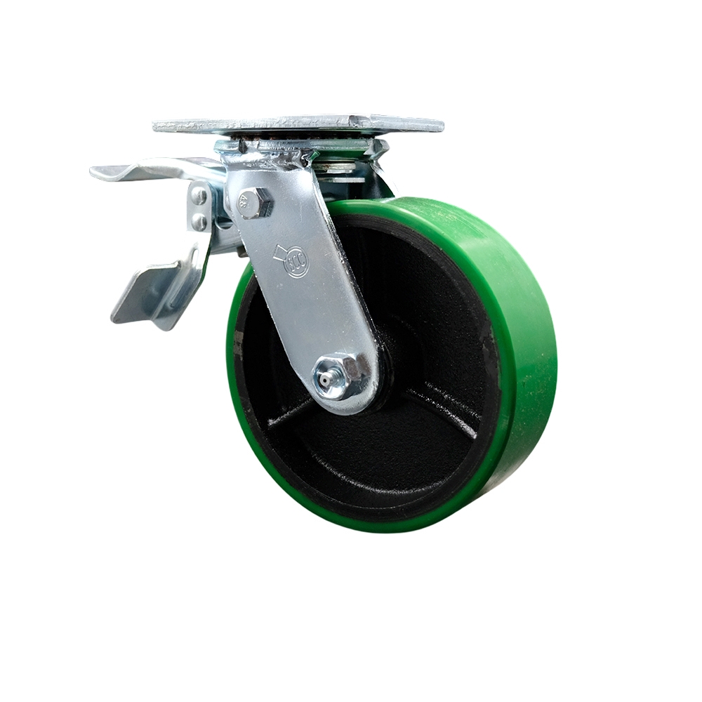 Polyurethane on Cast Iron Swivel Top Plate Heavy Duty Caster with 6 Inch Green Wheel and Total Lock Brake – 1,200 lbs. Capacity/Caster - Service Caster Brand — photo 1