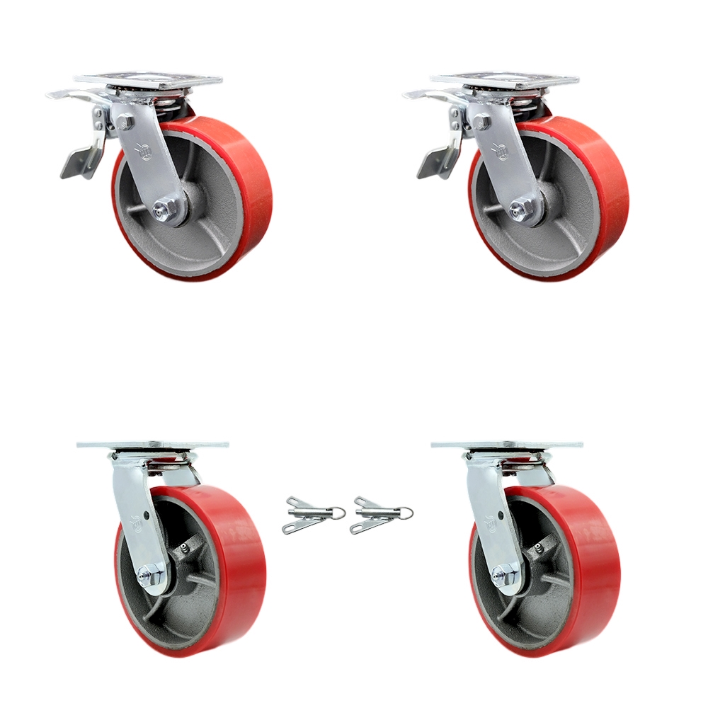 Heavy Duty Swivel Caster Set with 6 Inch Red Polyurethane on Cast Iron Wheels and Ball Bearings-Includes 2 Swivel with Total Lock Brakes and 2 Swivel with Bolt on Swivel Locks - Service Caster Brand — photo 1