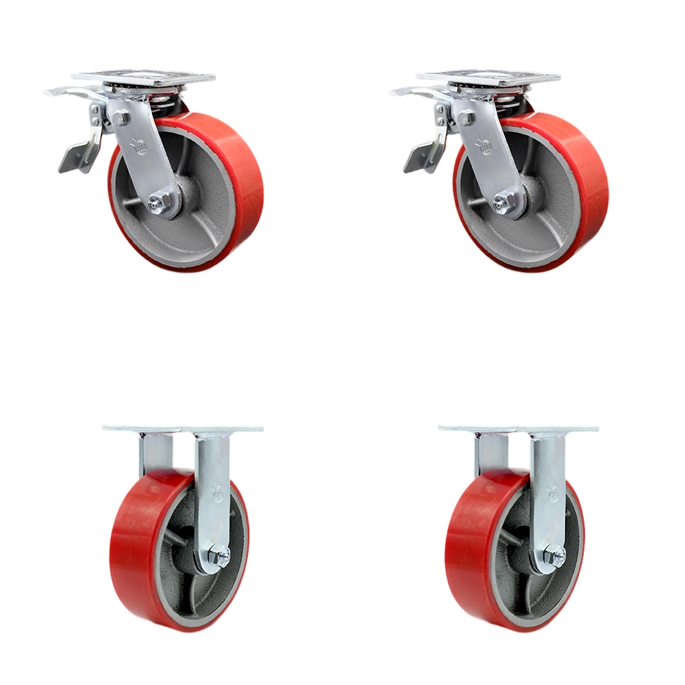 Polyurethane on Cast Iron Swivel Top Plate Casters Set of 4 Heavy Duty with 6 Inch Red Wheels - Includes 2 Swivel with Total Lock Brakes and 2 Rigid – 4,800 lbs. Total Capacity- Service Caster Brand — photo 1