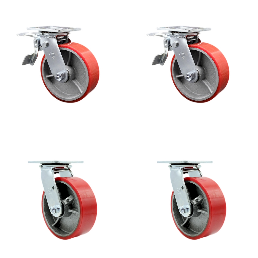 Heavy Duty Swivel Caster Set with 6 Inch Red Polyurethane on Cast Iron Wheels and Ball Bearings-Includes 2 Swivel with Total Lock Brakes and 2 Swivel-4,800 lbs. Total Capacity - Service Caster Brand — photo 1