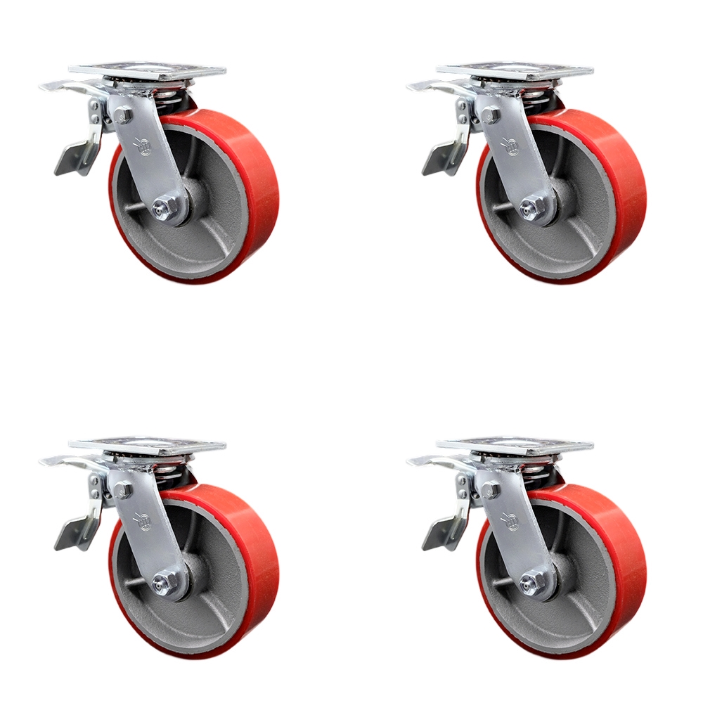 Polyurethane on Cast Iron Swivel Top Plate Casters Set of 4 Heavy Duty with 6 Inch Red Wheels - Includes 4 Swivel with Total Lock Brakes – 4,800 lbs. Total Capacity - Service Caster Brand — photo 1