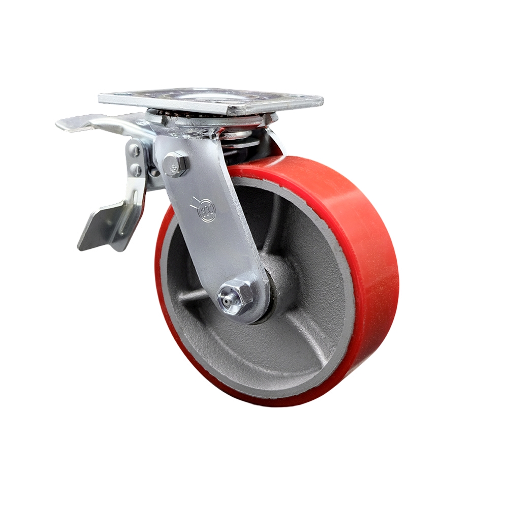 Polyurethane on Cast Iron Swivel Top Plate Heavy Duty Caster with 6 Inch Red Wheel and Total Lock Brake – 1,200 lbs. Capacity/Caster - Service Caster Brand — photo 1