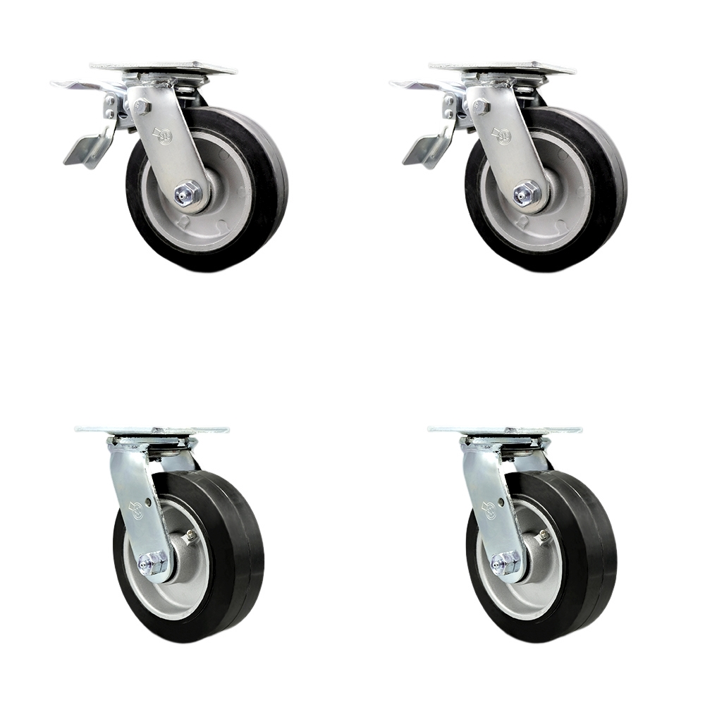 Rubber on Aluminum Swivel Top Plate Casters Set of 4 Heavy Duty with 6 Inch Wheels - Includes 2 Swivel with Bolt on Swivel Locks and 2 Swivel with Total Lock Brakes - Service Caster Brand — photo 1