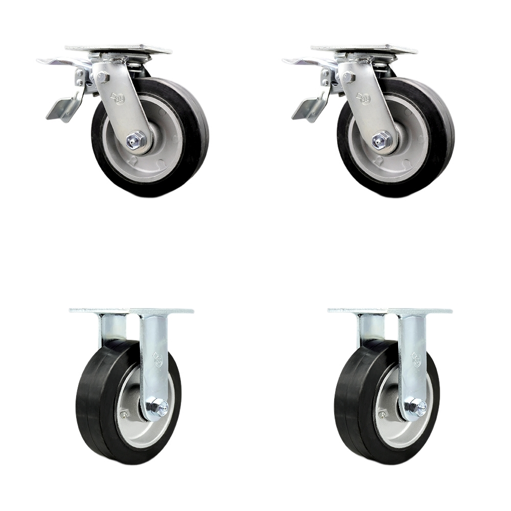 Rubber on Aluminum Swivel Top Plate Casters Set of 4 Heavy Duty with 6 Inch Wheels - Includes 2 Swivel with Total Lock Brakes and 2 Rigid – 2,200 lbs. Total Capacity - Service Caster Brand — photo 1
