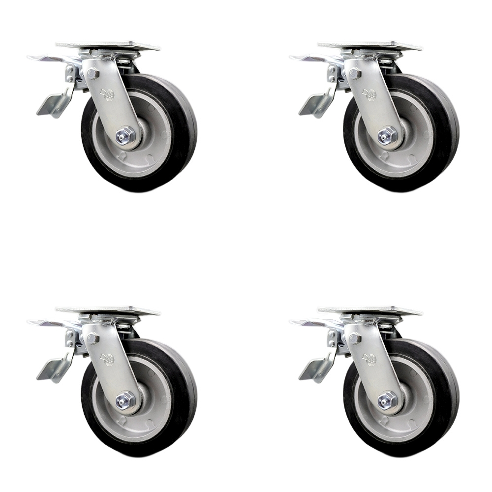 Rubber on Aluminum Swivel Top Plate Casters Set of 4 Heavy Duty with 6 Inch Wheels - Includes 4 Swivel with Total Lock Brakes – 2,200 lbs. Total Capacity - Service Caster Brand — photo 1