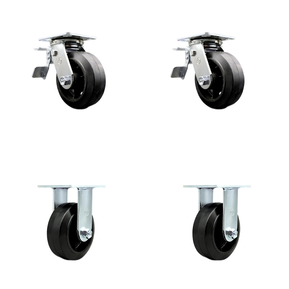 Heavy Duty Swivel Caster Set of 4 with 6 Inch Rubber on Metal Wheels and Ball Bearings - Includes 2 Swivel with Total Lock Brakes and 2 Rigid – 1,800lbs. Total Capacity - Service Caster Brand — photo 1