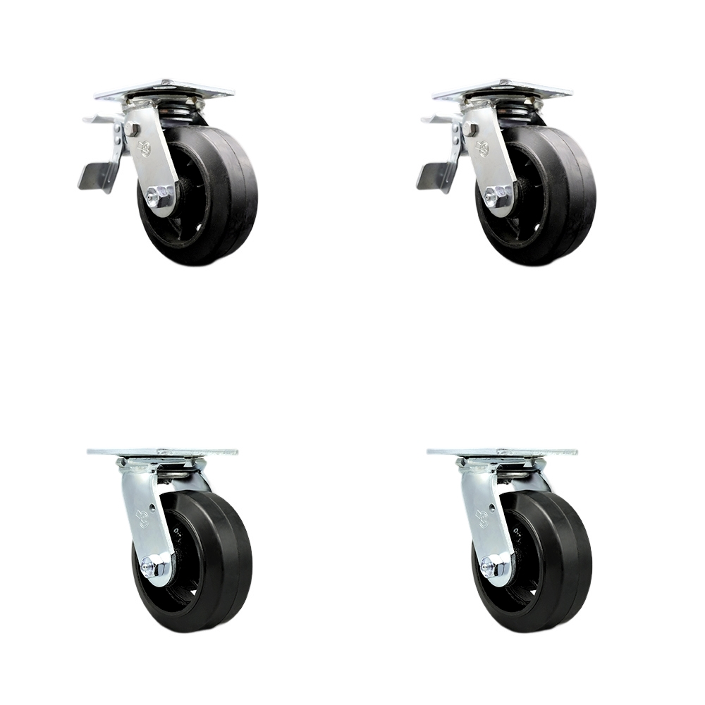 Heavy Duty Swivel Caster Set of 4 with 6 Inch Rubber on Metal Wheels and Ball Bearings - Includes 2 Swivel with Total Lock Brakes and 2 Swivel – 1,800 lbs. Total Capacity - Service Caster Brand — photo 1