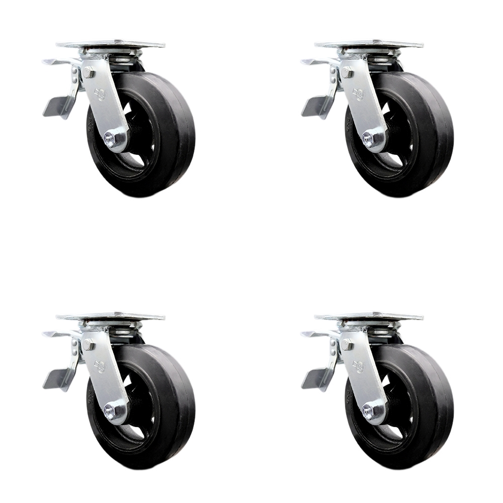 Heavy Duty Swivel Caster Set of 4 with 6 Inch Rubber on Metal Wheels and Ball Bearings - Includes 4 Swivel with Total Lock Brakes - 1,800 lbs. Total Capacity - Service Caster Brand — photo 1